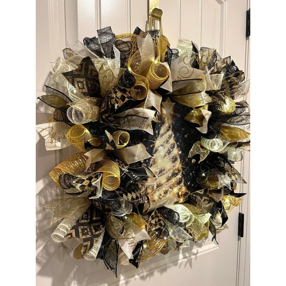 Handmade Christmas Tree Diamond Art Ribbon Door Wreath 22 ins LED W38 Gold Black